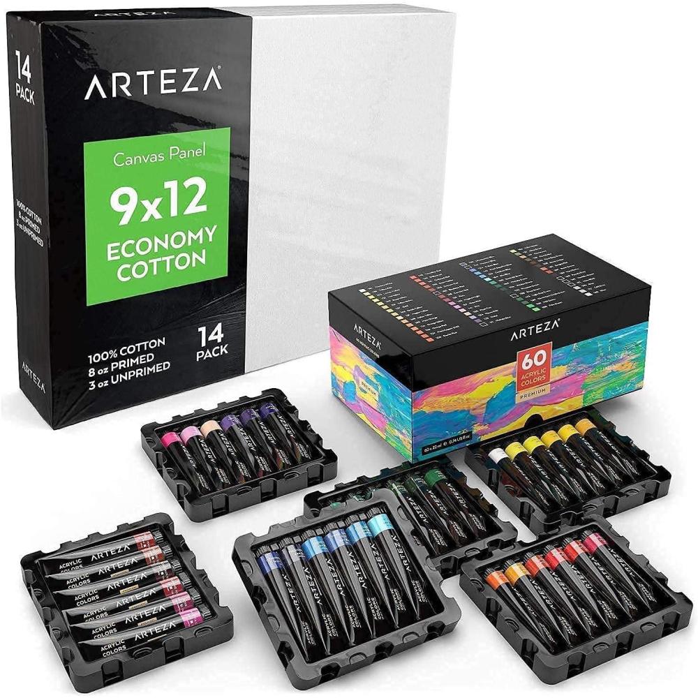 imageArteza Acrylic Paint and Canvas Panels Bundle Painting Art Supplies for Artist Hobby Painters amp Beginners