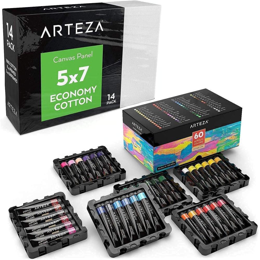 imageArteza Bundle 5x7 Bulk Pack of 100 Economy Cotton Canvas Panels Set of 14 and Acrylic Paint Set of 60 Assorted Colors Painting Art Supplies for Artist Hobby Painters amp Beginners