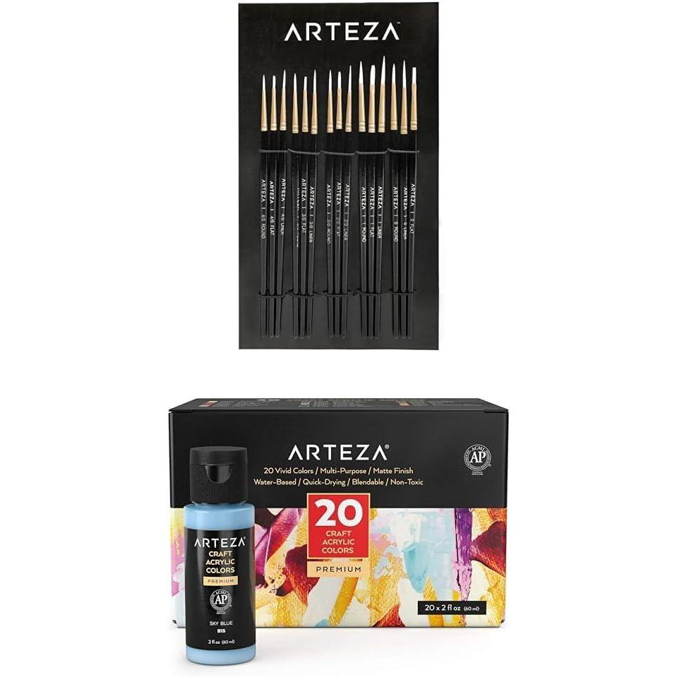 imageArteza Detail Paint Brushes Set of 15 and Craft Acrylic Paint Set of 20 Colors