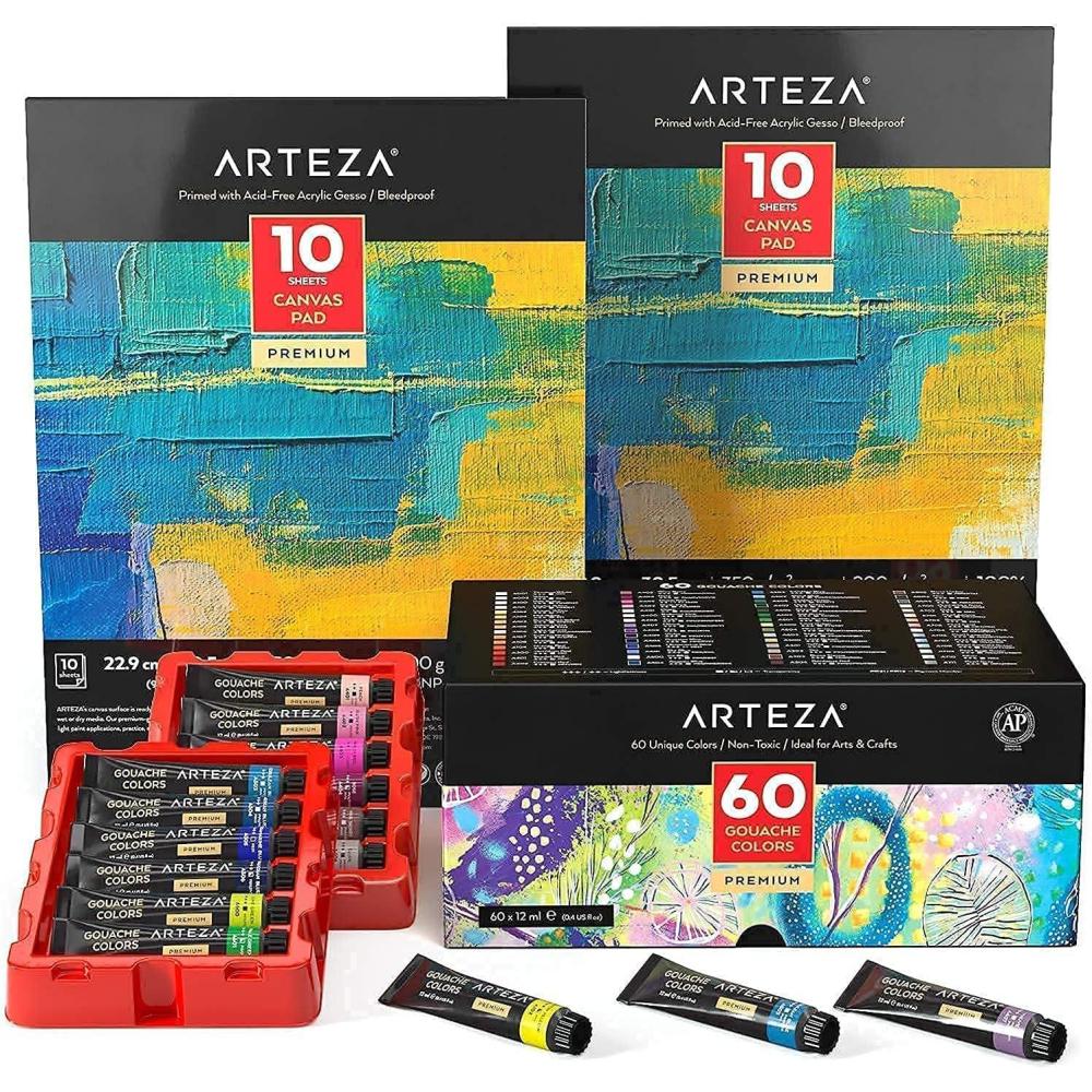 imageArteza Gouache Paint Set and Canvas Pad Bundle Painting Art Supplies for Artist Hobby Painters amp Beginners