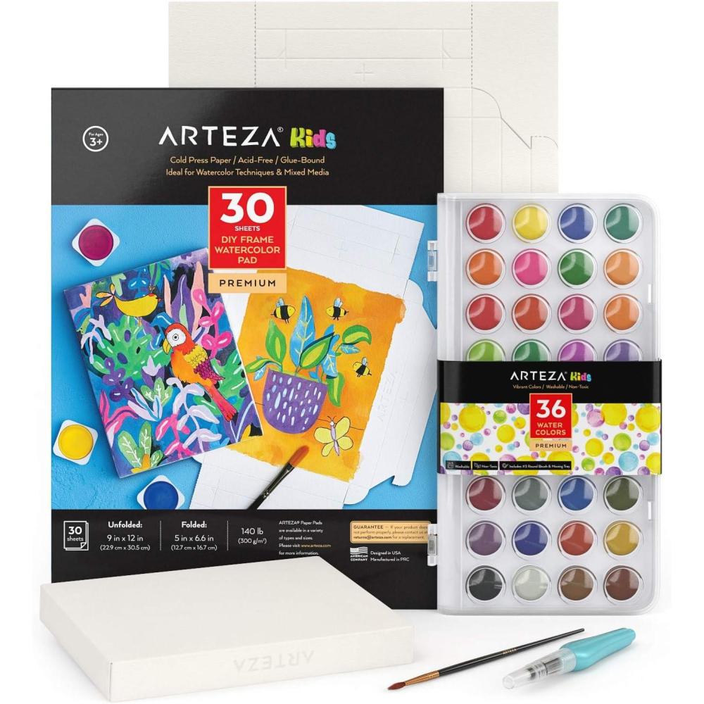 imageArteza Kids Watercolor Painting Art Set Watercolor Paint 36 and Foldable Canvas Paper Bundle DIY Painting Kit Art Supplies for Kids and Adults5x66 Inches Kids Bundle