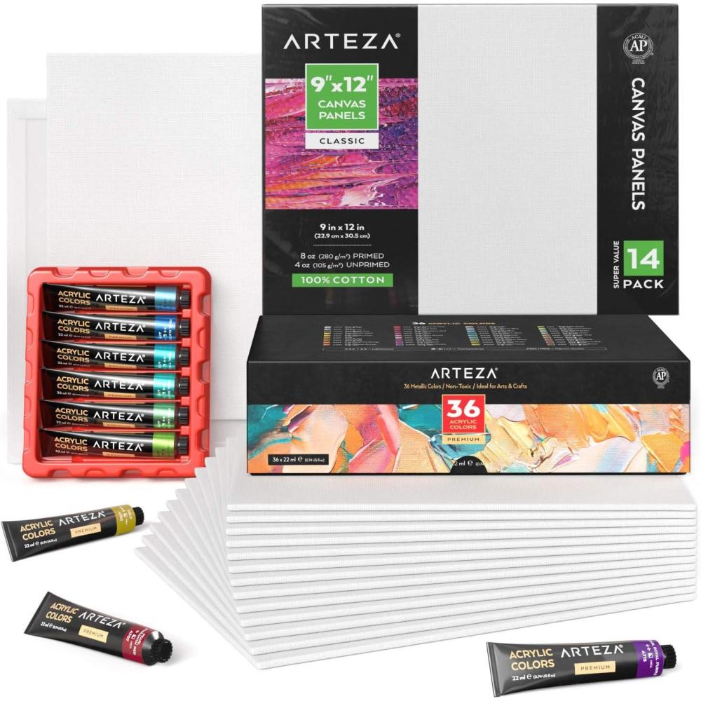 imageArteza Metallic Acrylic Paint Set of 36 Colors with 9x12 Inch Canvas Boards for Painting Pack of 14 Painting Art Supplies for Artist Hobby Painters amp Beginners