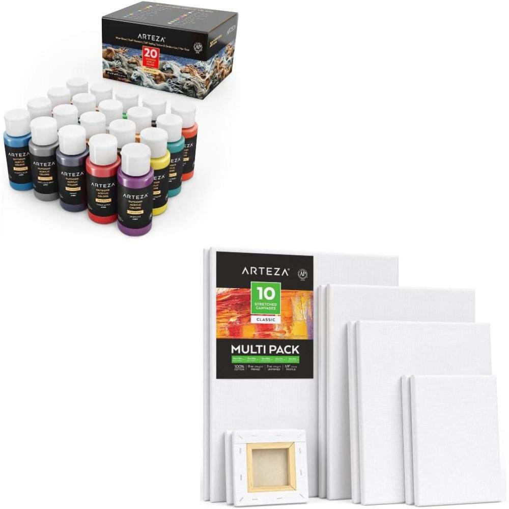 imageArteza Outdoor Acrylic Paint Set of 20 Colors and Arteza Stretched Canvas Multipack of 10 4x4 5x7 8x10 9x12 and 11x14 Inches 2 of Each Art Supplies for Acrylic Pouring and Oil Painting