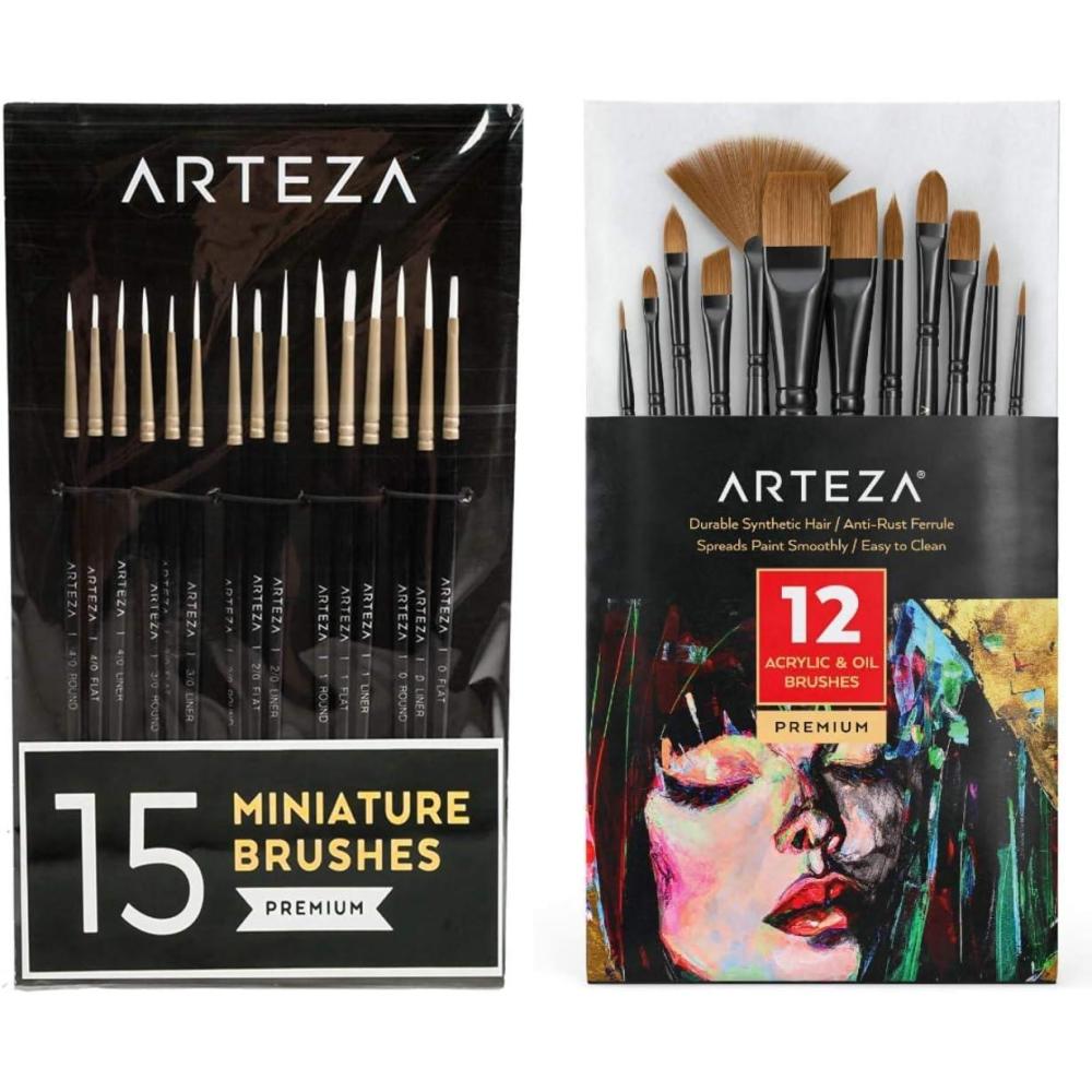 imageArteza Paint Brushes Set of 12 and Detail Paint Brushes Set of 15 Painting Art Supplies for Artist Hobby Painters amp Beginners