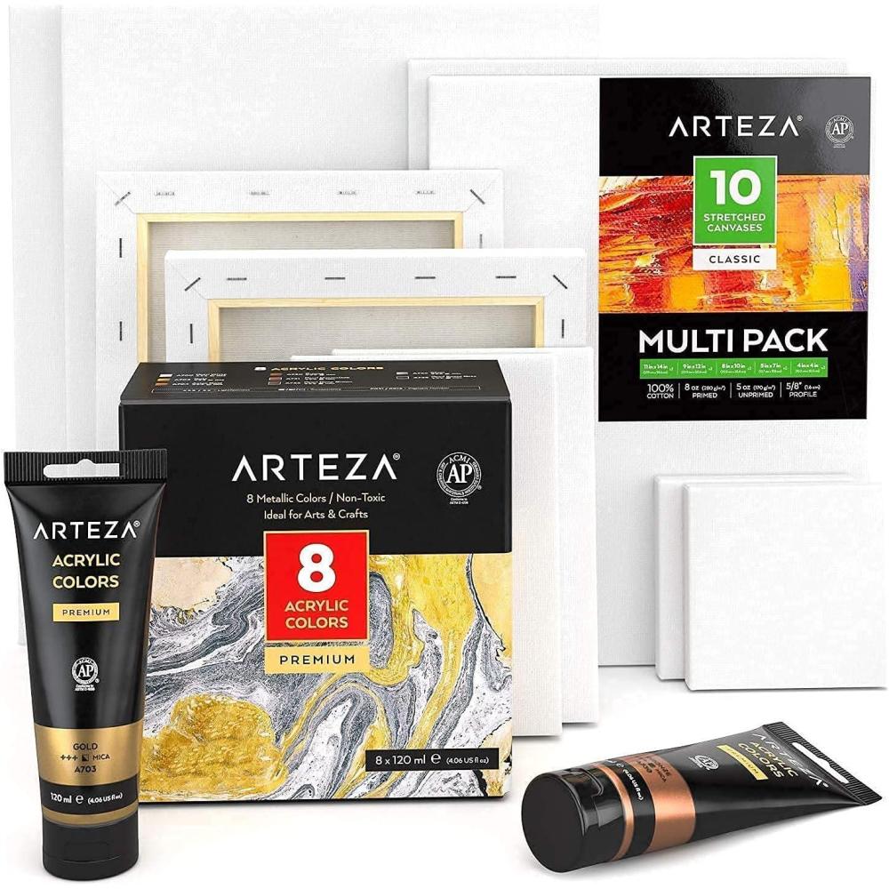 imageArteza Painting Bundle Multipack Stretched Canvases and Metallic Acrylic Paint Painting Art Supplies for Artist Hobby Painters amp Beginners