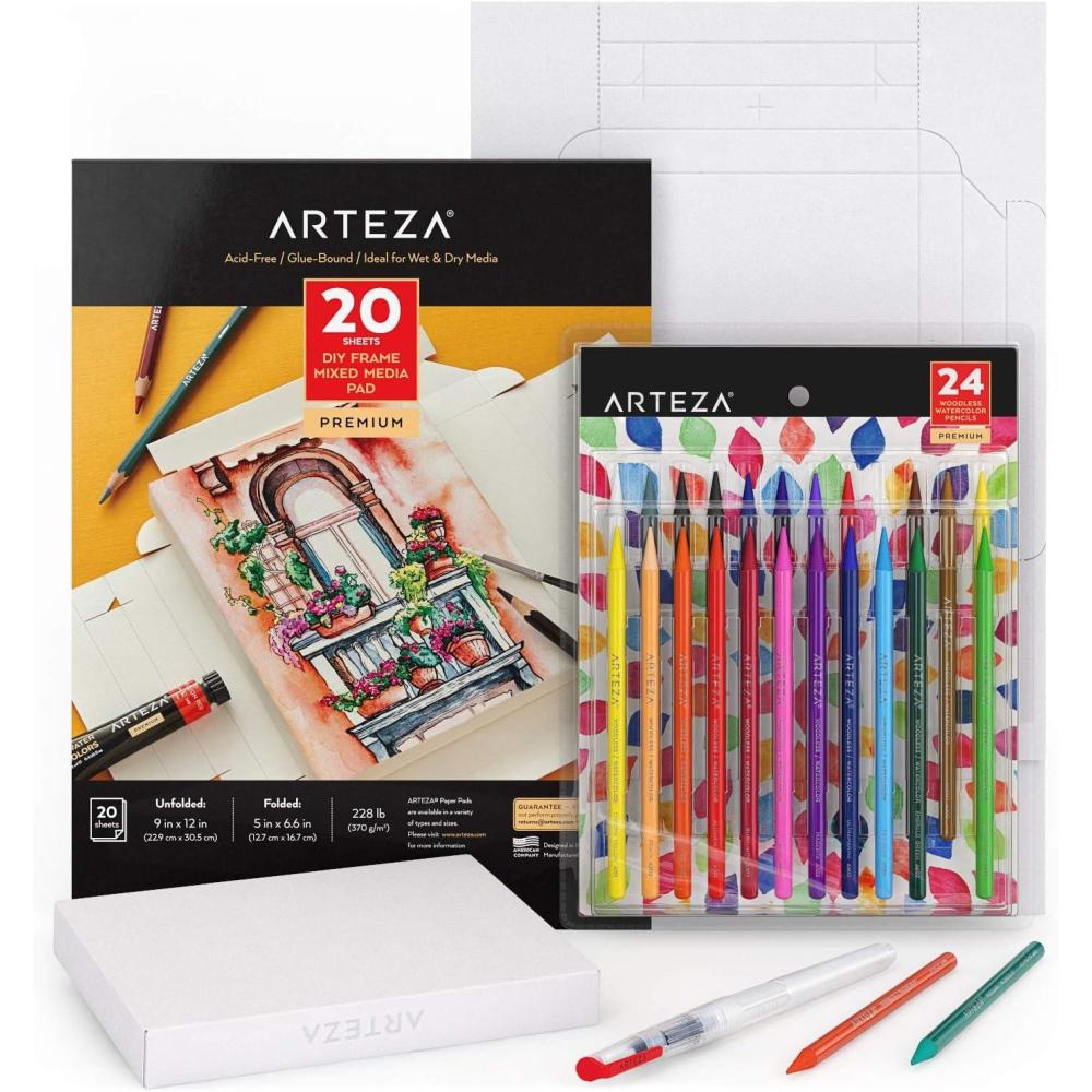 imageArteza Watercolor Drawing Art Set Watercolor Pencils and Foldable Canvas Paper Bundle Painting Set DIY Kit Art Supplies for Artists amp Hobby Painters White Expert 48 Count Pack of 17x86 Inches Bundle