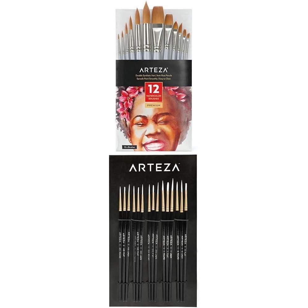 imageArteza Watercolor Paint Brushes Set of 12 and Detail Paint Brushes Set of 15