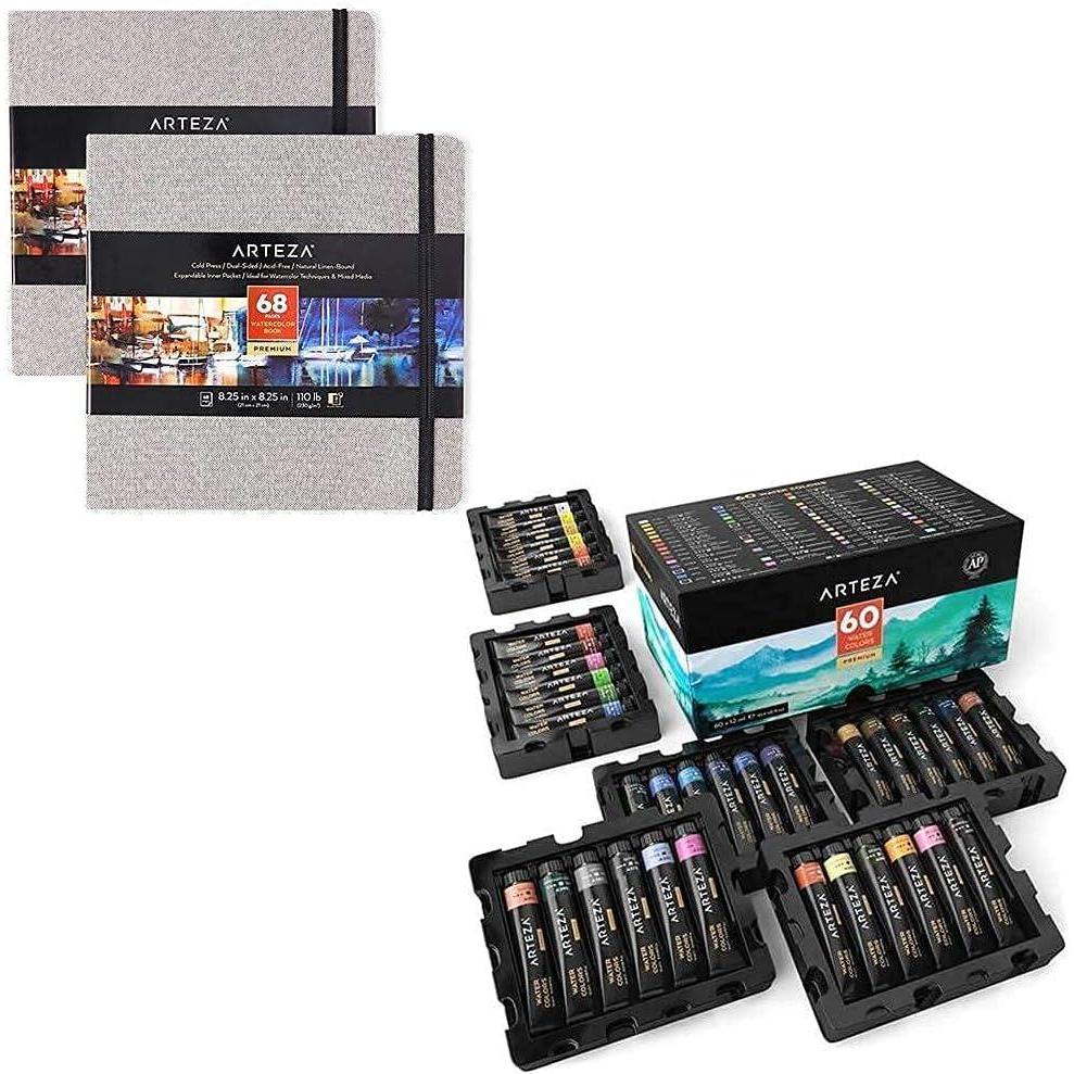 imageArteza Watercolor Paint Set and Square Hardcover Watercolor Journals Bundle Painting Art Supplies for Artist Hobby Painters amp Beginners