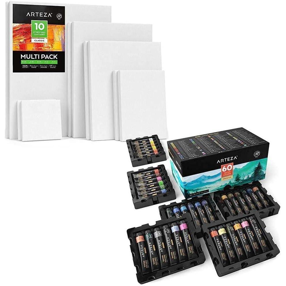 imageArteza Watercolor Paint Set and Stretched White Blank Canvas Multi Pack Bundle Painting Art Supplies for Artist Hobby Painters amp Beginners