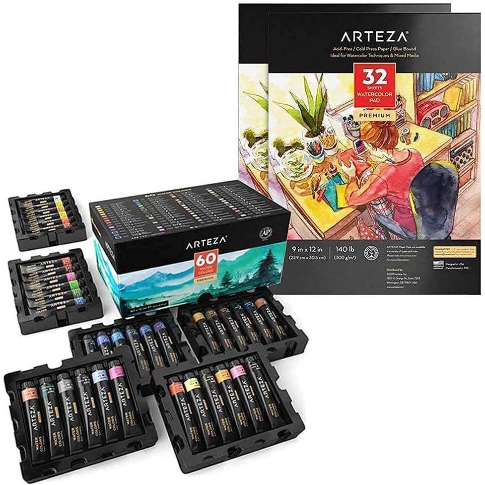 imageArteza Watercolor Paint and Paper Bundle Painting Art Supplies for Artist Hobby Painters amp Beginners