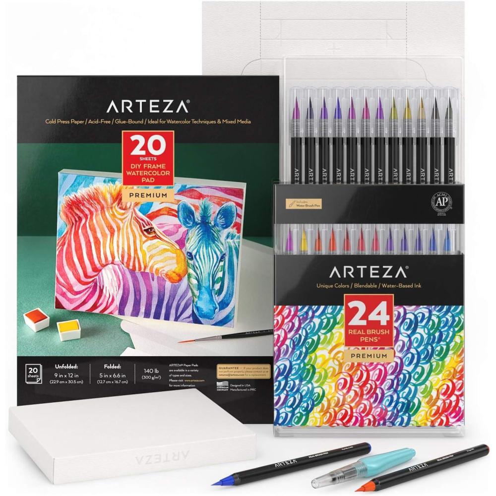 imageArteza Watercolor Painting Art Set Real Brush Pens 24 and Foldable Canvas Paper Bundle DIY Kit Art Supplies for Artists amp Hobby Painters