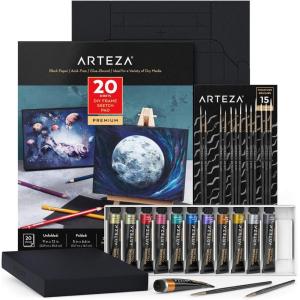 ARTEZA Metallic Gouache Paint Set with Black Canvas Paper, Includes 12 Gouache Colors, Foldable Canvas, DIY Art Kit for Artists & Beginners(Black)