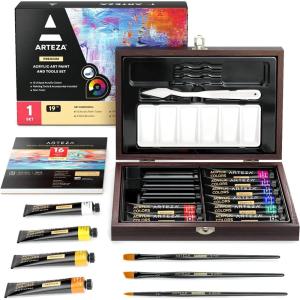 Arteza Acrylic Art Set, Includes Tabletop Easel, 12 Acrylic Paint Tubes, Palette Paper, 10 Paintbrushes, Canvas Pads & Canvas Panels, Art Supplies for Beginners and Professional Artists(19-Piece Art Set)