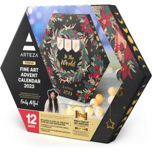Arteza Advent Calendar 2023 (Fine Art, 12 Days) Art Supplies Holiday Gift for Adults, Includes Acrylic, Gouache & Watercolor Paints, Art Chrome Markers, Canvas Boards, Paint Brushes and Modeling Paste(12 Day)