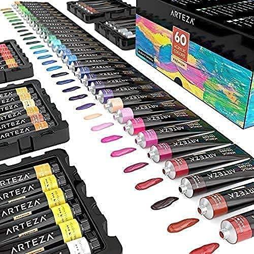 imageArteza Acrylic Painter Starter Bundle Acrylic Paint Set of 60 Colors and Canvas Panels Multi Pack Pack of 28 Painting Art Supplies for Artist Hobby Painters amp Beginners