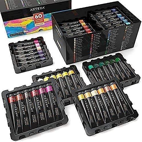 imageArteza Acrylic Painter Starter Bundle Acrylic Paint Set of 60 Colors and Canvas Panels Multi Pack Pack of 28 Painting Art Supplies for Artist Hobby Painters amp Beginners