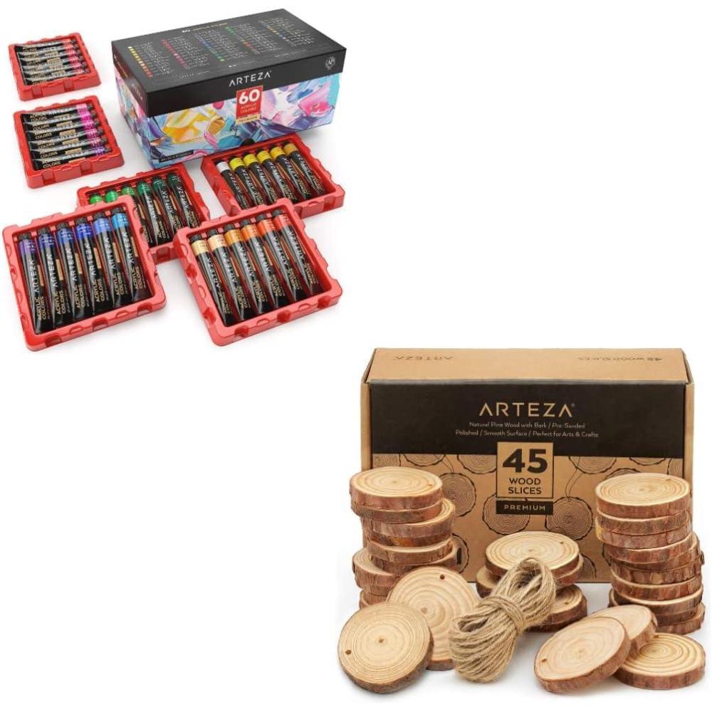 imageARTEZA Acrylic Paint Set of 60 ColorsTubes 074 oz 22 ml Wood Slices 45 Pieces Art Supplies for Artists and Hobby Painters