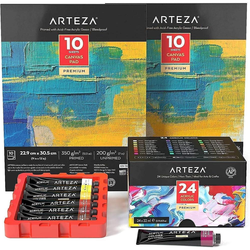 imageARTEZA Acrylic Paints and Canvas Pad Pack Bundle Painting Art Supplies for Artist Hobby Painters amp Beginners