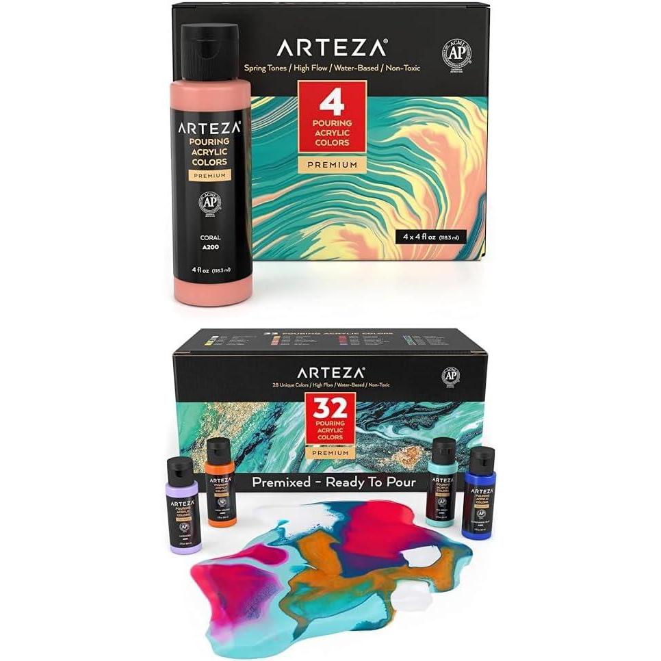 imageARTEZA Acrylic Pouring Paint Set 4 Spring Colors and Acrylic Pouring Paint Set of 32