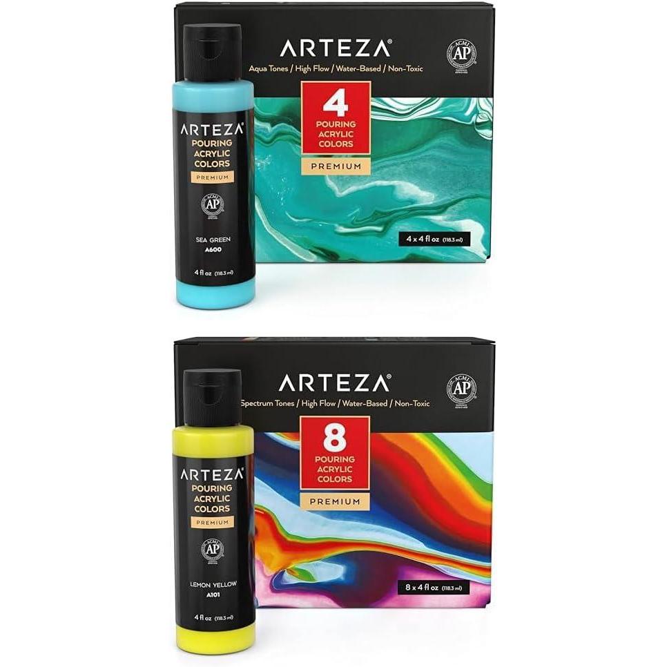imageARTEZA Acrylic Pouring Paint Set of 4 Colors and Acrylic Pouring Paint Set 8 Rainbow Colors