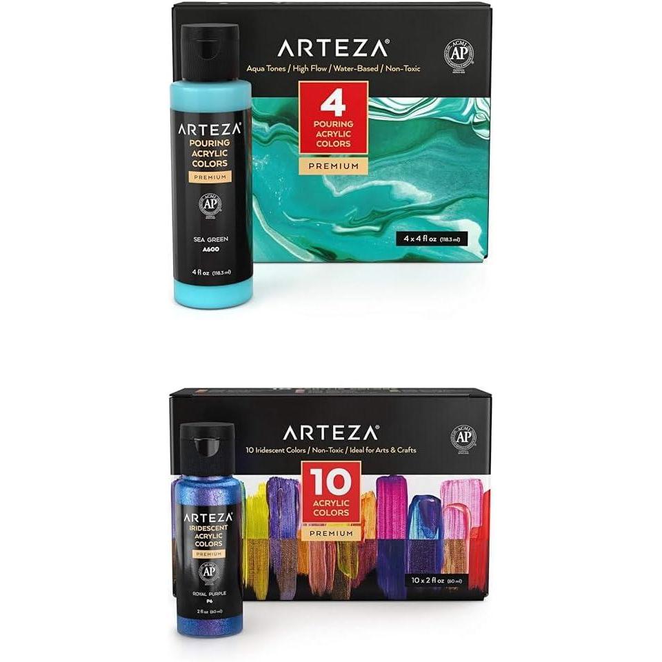 imageARTEZA Acrylic Pouring Paint Set of 4 Colors and Iridescent Acrylic Paint Set of 10 Chameleon Colors