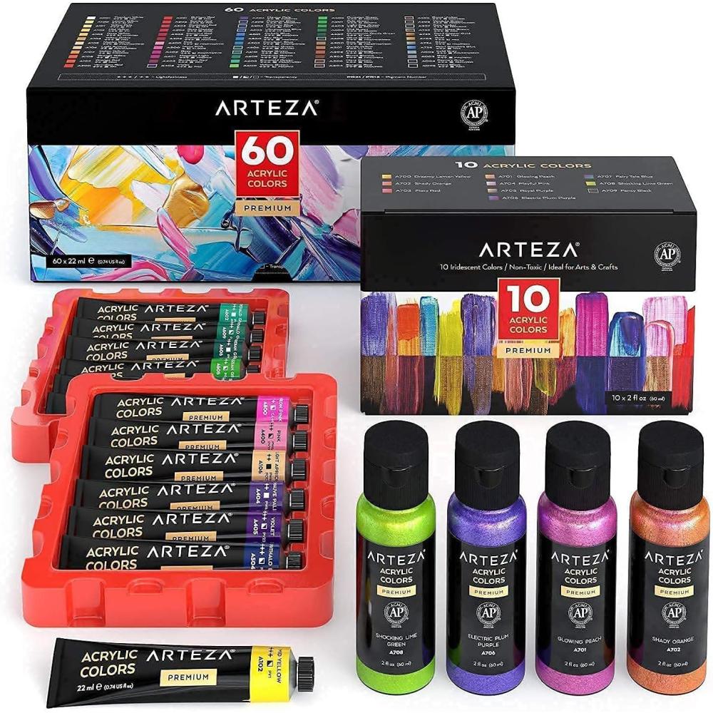 imageARTEZA Iridescent Acrylic Paint Set of 10 and Acrylic Paint Set of 60 Bundle Painting Art Supplies for Artist Hobby Painters amp Beginners