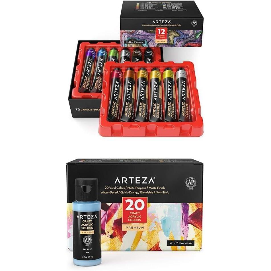 imageARTEZA Metallic Acrylic Paint Set of 12 ColorsTubes 074 oz and Craft Acrylic Paint Set of 20 Colors