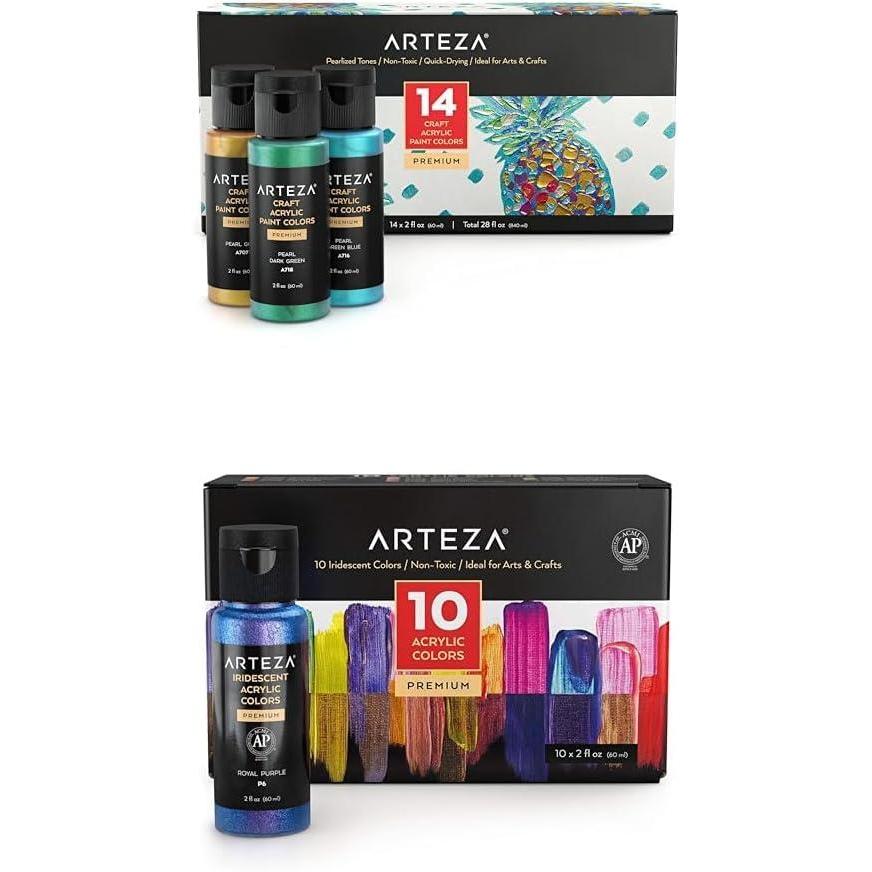 imageARTEZA Pearlescent Acrylic Paint Set of 14 2 fl oz Bottles and Iridescent Acrylic Paint Set of 10 Chameleon Colors