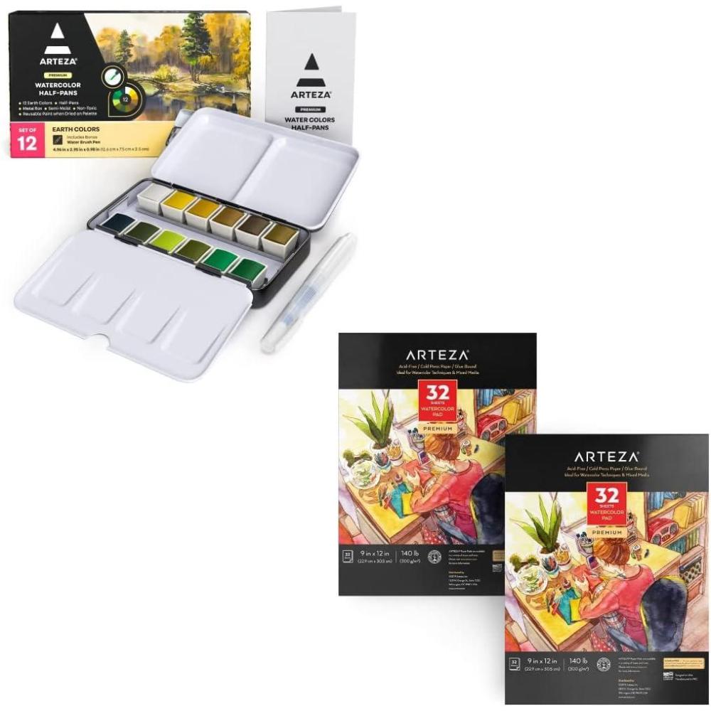 imageARTEZA Watercolor Paint Set with Water Brush 12 Watercolor Half Pans in Earth Tones Watercolor Paper 9x12 Inch Pack of 2 Art Supplies for Painting amp Drawing Wet Mixed Media