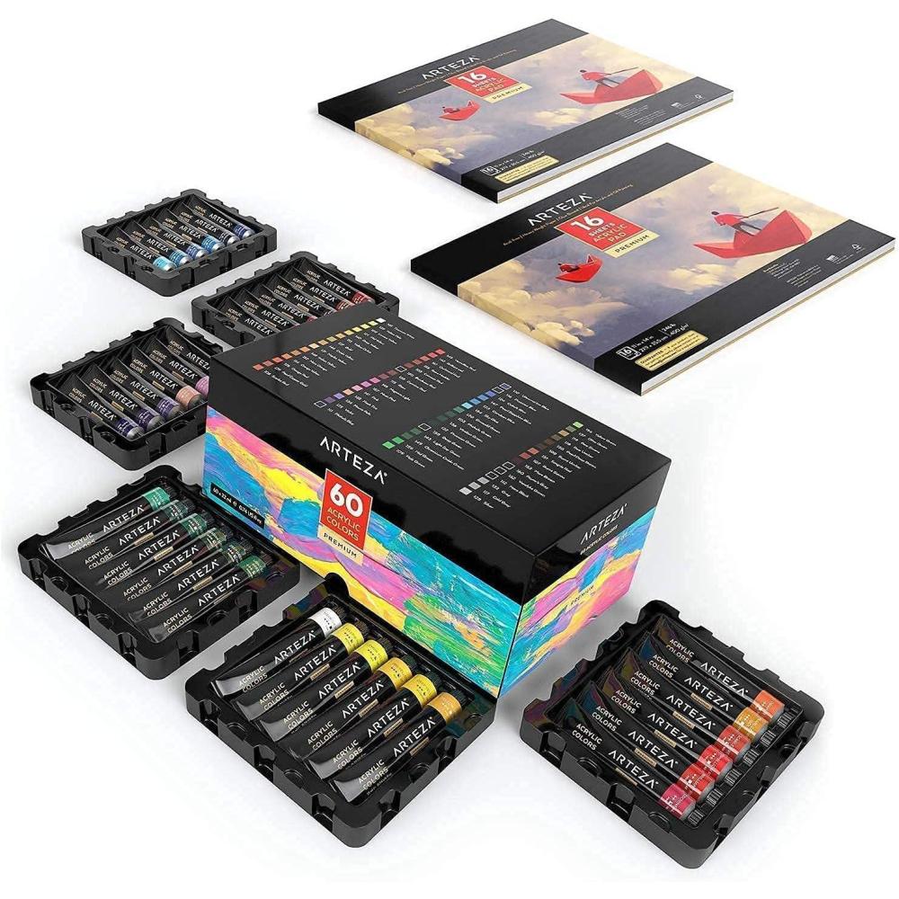 imageArteza Acrylic Paint and Pad Bundle 60 Assorted Colors 2 Heavyweight 11 x 14 Acrylic Pads 16 Sheets Each Painting Art Supplies for Artist Hobby Painters amp Beginners