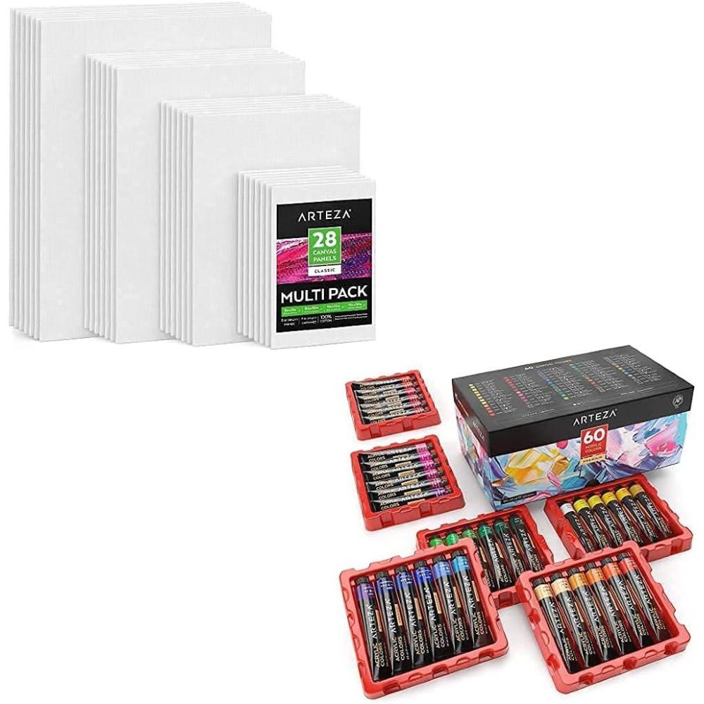 imageArteza Acrylic Painter Starter Bundle Acrylic Paint Set of 60 Colors and Canvas Panels Multi Pack Pack of 28 Painting Art Supplies for Artist Hobby Painters amp Beginners