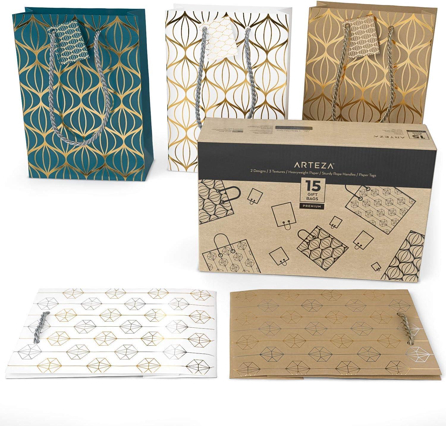imageArteza Gift Bags 95x7x34 Set of 15 Bags 5 White Designs 3 Pieces in Each Style Perfect for Any Holiday Occasion Graduations Birthday Parties and More3 of Each Style
