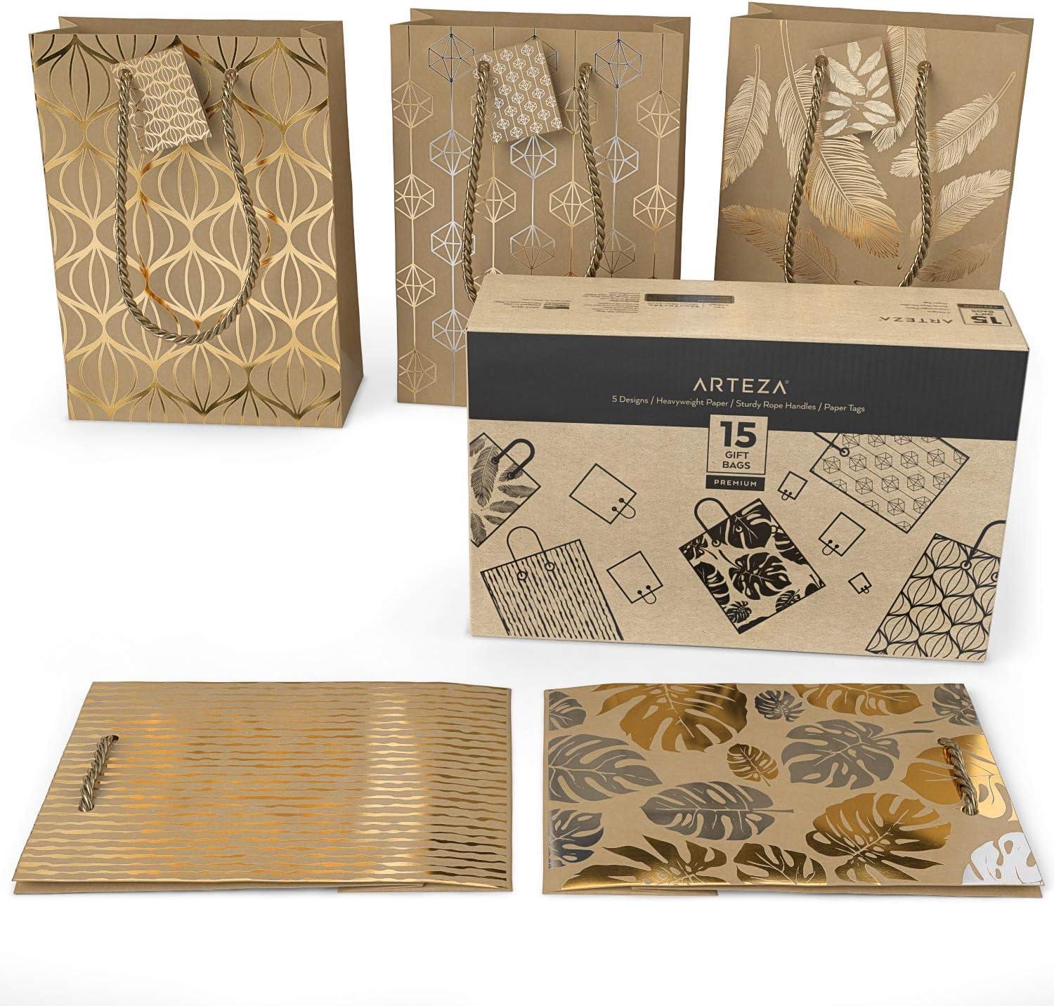 imageArteza Gift Bags 95x7x34 Set of 15 Bags 5 White Designs 3 Pieces in Each Style Perfect for Any Holiday Occasion Graduations Birthday Parties and More3 of Each Design