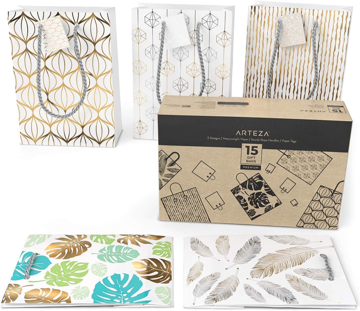 imageArteza Gift Bags 95x7x34 Set of 15 Bags 5 White Designs 3 Pieces in Each Style Perfect for Any Holiday Occasion Graduations Birthday Parties and More5 White Designs