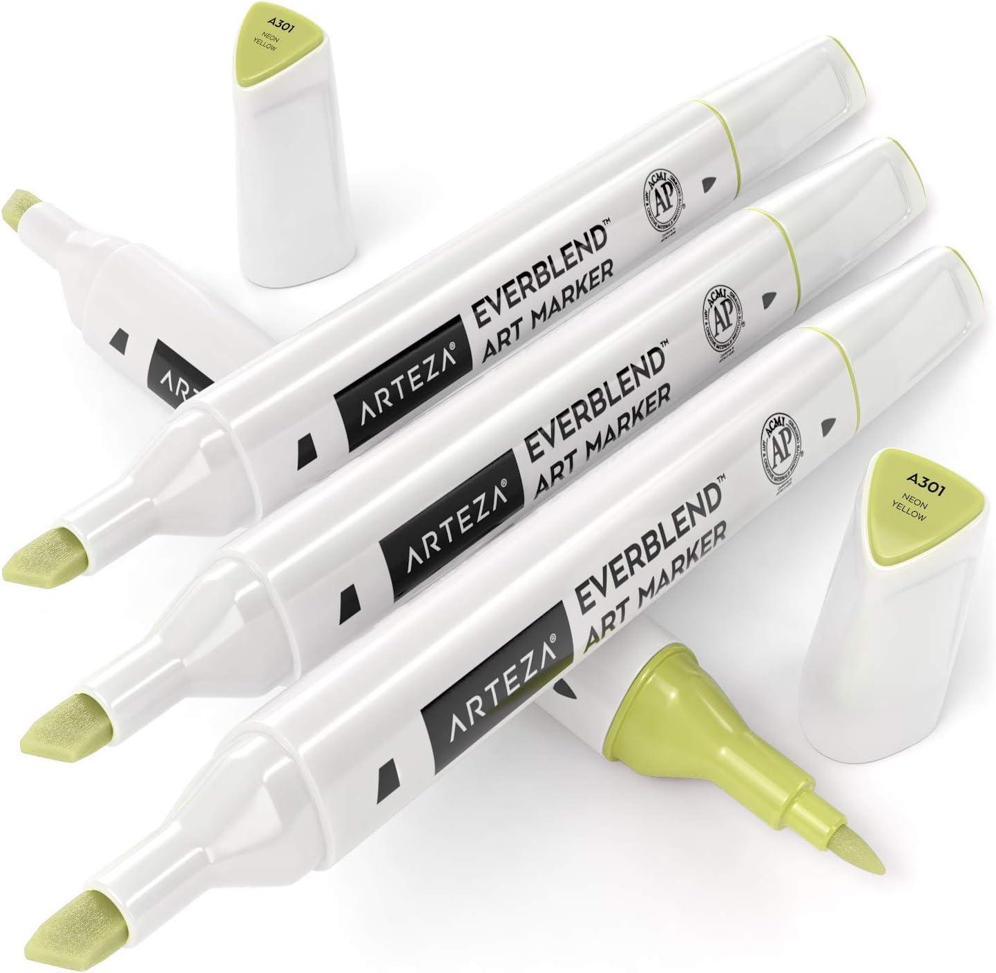 imageArteza EverBlend Art Markers Fluorescent Coral A302 Set of 4 Alcohol Based Sketch Markers with Dual Tips Fine and Broad Chisel for Painting Coloring Sketching and DrawingNeon Yellow A301 Set of 4