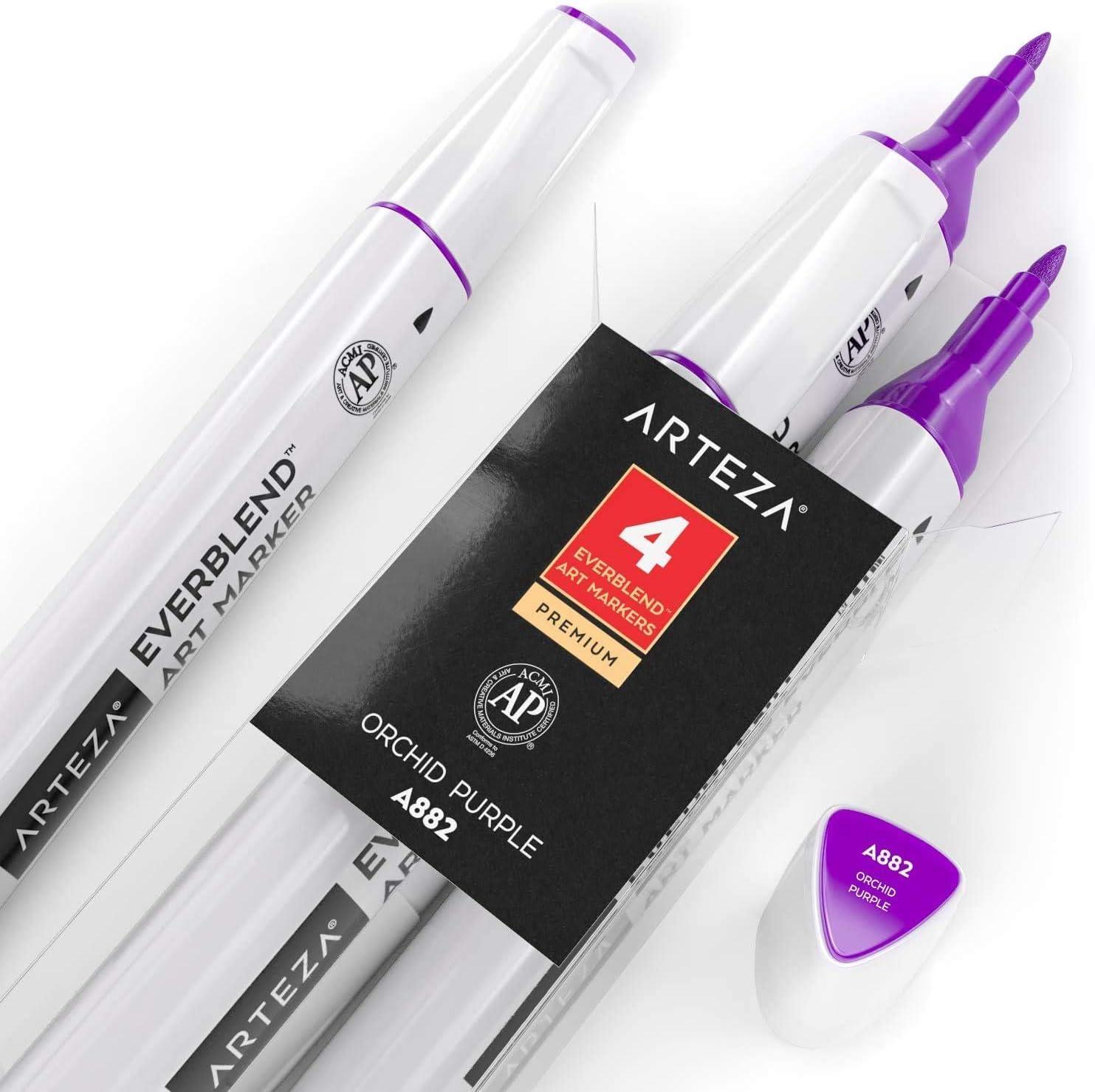 imageArteza EverBlend Art Markers Fluorescent Coral A302 Set of 4 Alcohol Based Sketch Markers with Dual Tips Fine and Broad Chisel for Painting Coloring Sketching and DrawingOrchid Purple A882 Set of 4