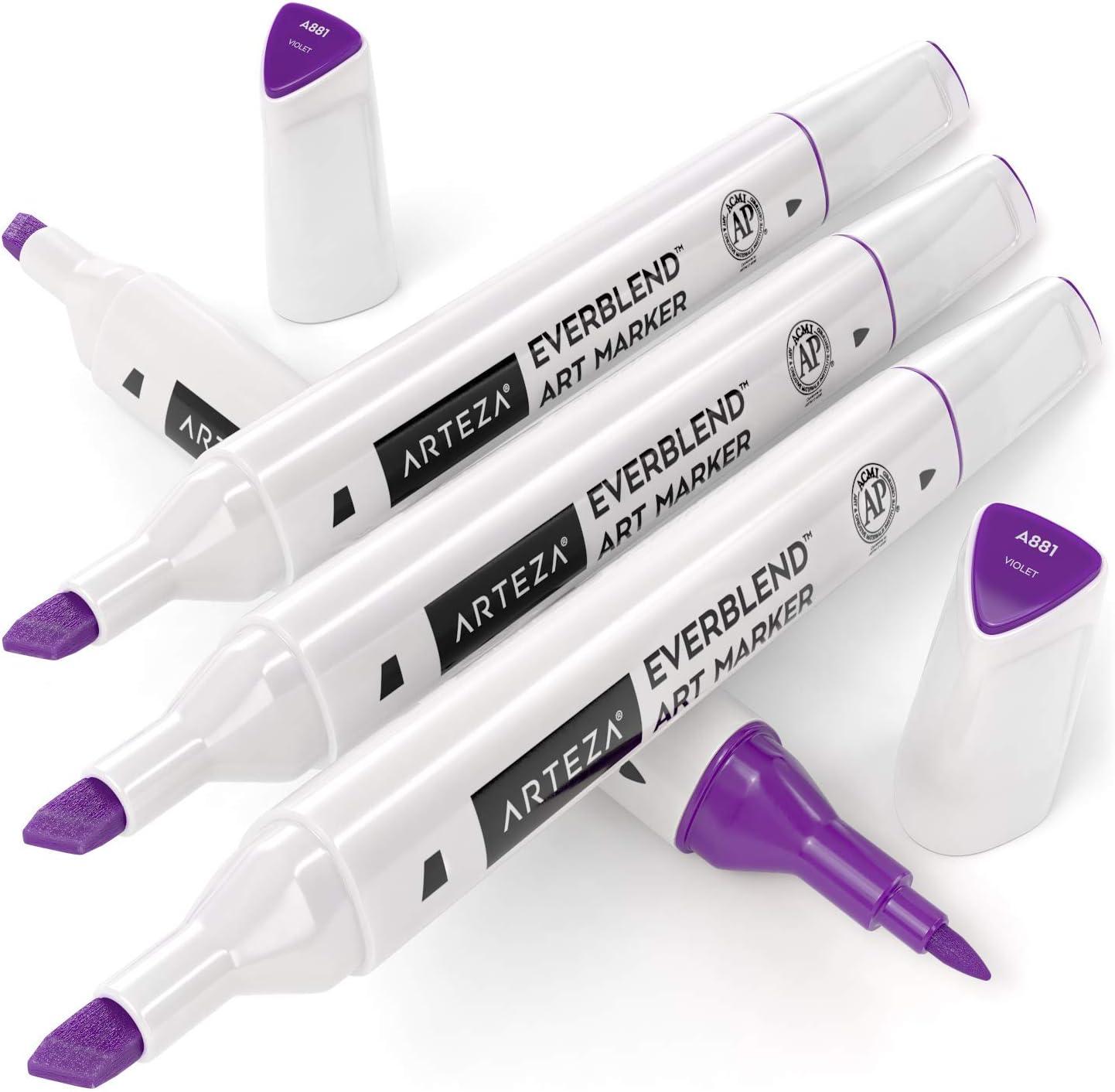 imageArteza EverBlend Art Markers Fluorescent Coral A302 Set of 4 Alcohol Based Sketch Markers with Dual Tips Fine and Broad Chisel for Painting Coloring Sketching and DrawingViolet A881 Set of 4