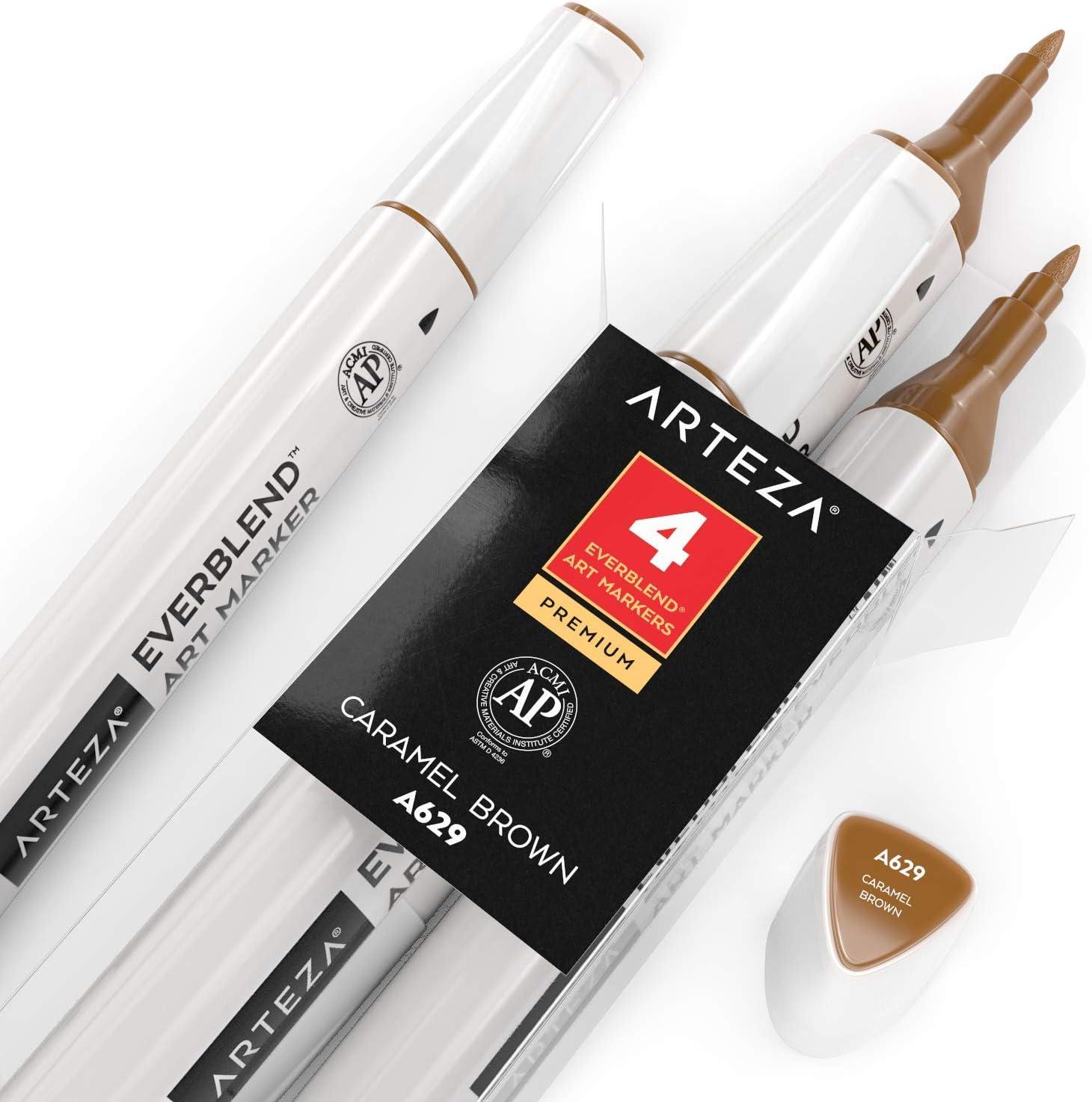 imageArteza EverBlend Art Markers Fluorescent Coral A302 Set of 4 Alcohol Based Sketch Markers with Dual Tips Fine and Broad Chisel for Painting Coloring Sketching and DrawingCaramel Brown A629