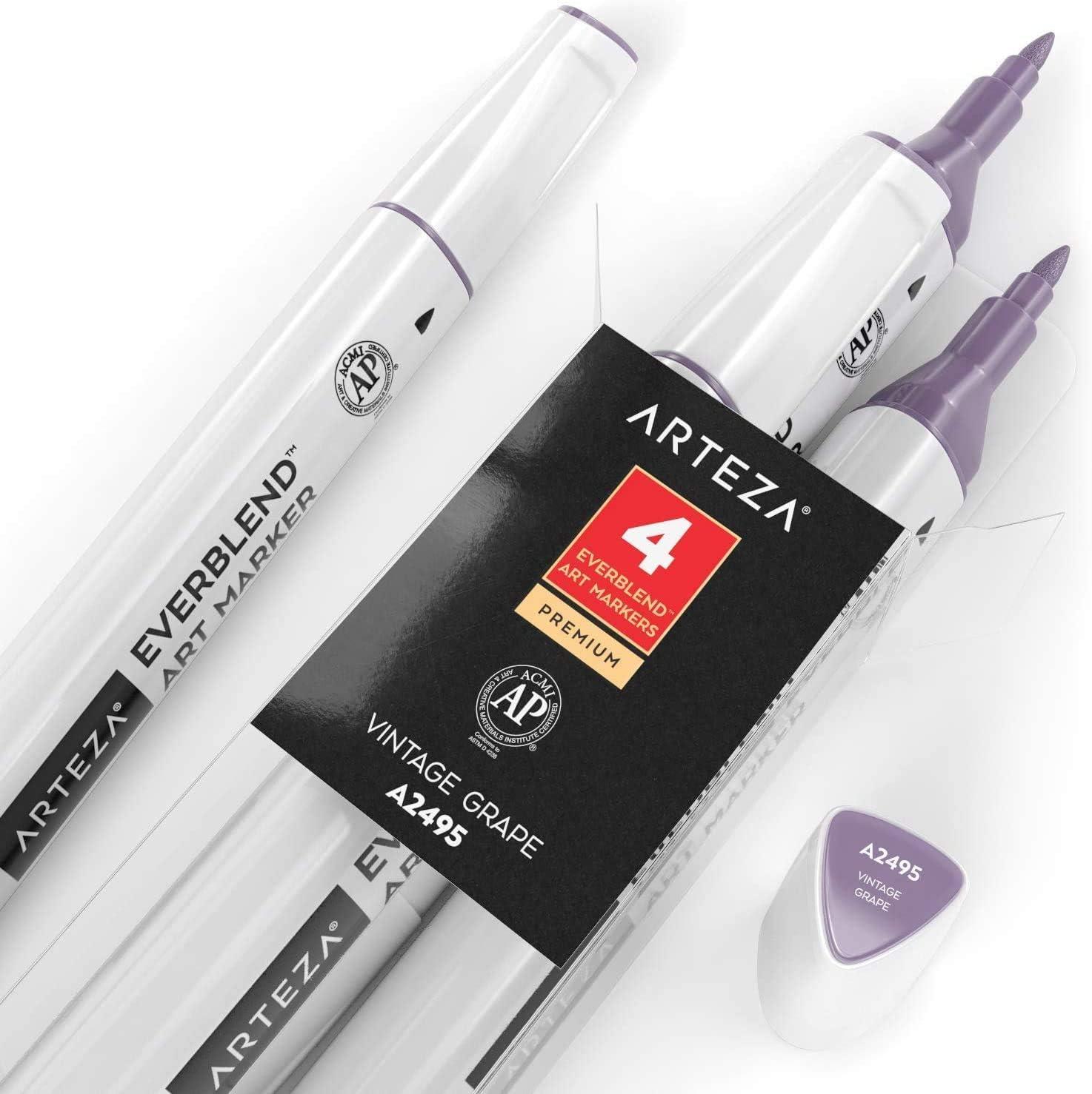 imageArteza EverBlend Art Markers Fluorescent Coral A302 Set of 4 Alcohol Based Sketch Markers with Dual Tips Fine and Broad Chisel for Painting Coloring Sketching and DrawingVintage Grape A2495 Set of 4