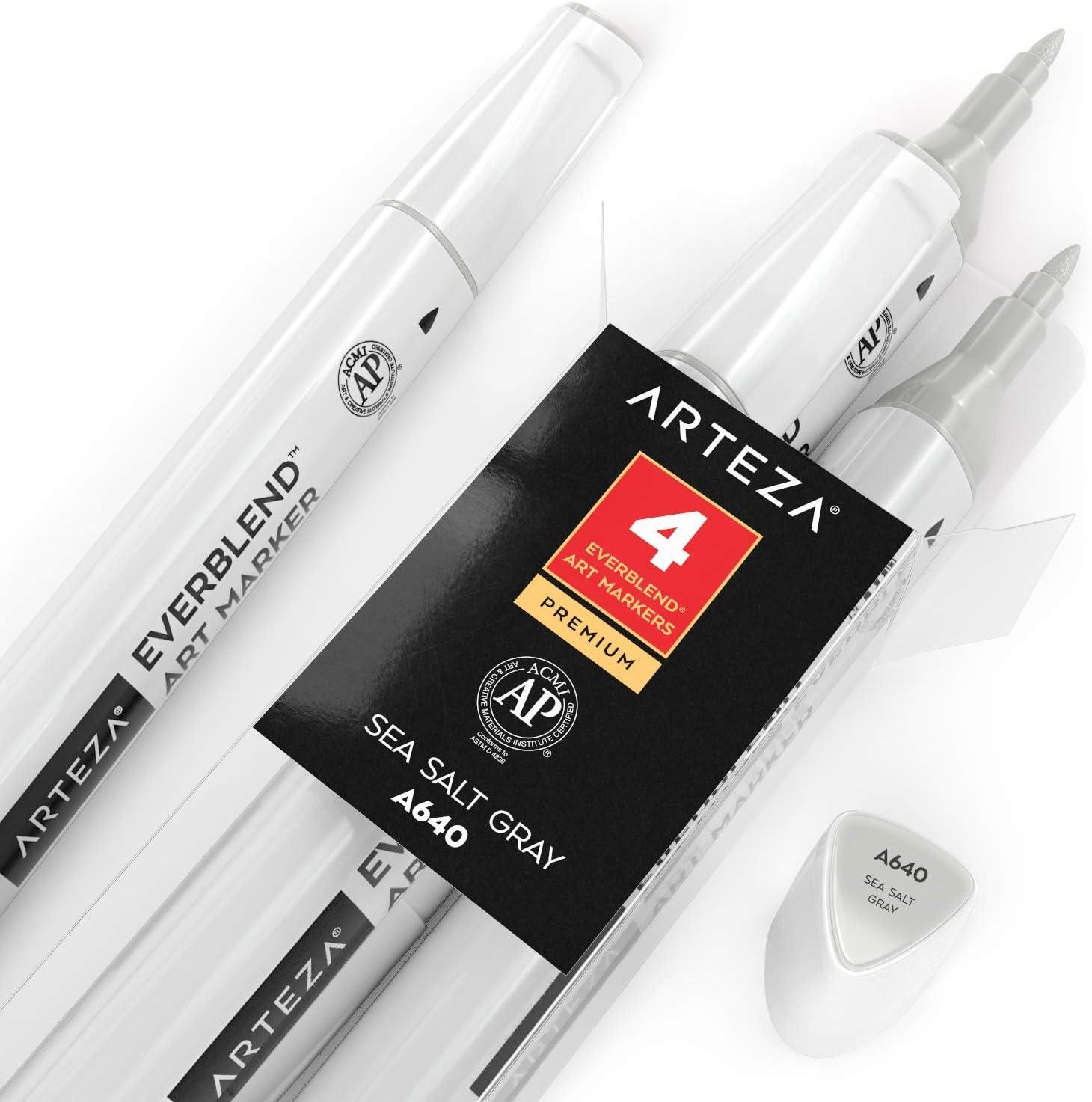 imageArteza EverBlend Art Markers Fluorescent Coral A302 Set of 4 Alcohol Based Sketch Markers with Dual Tips Fine and Broad Chisel for Painting Coloring Sketching and DrawingSea Salt Gray A640