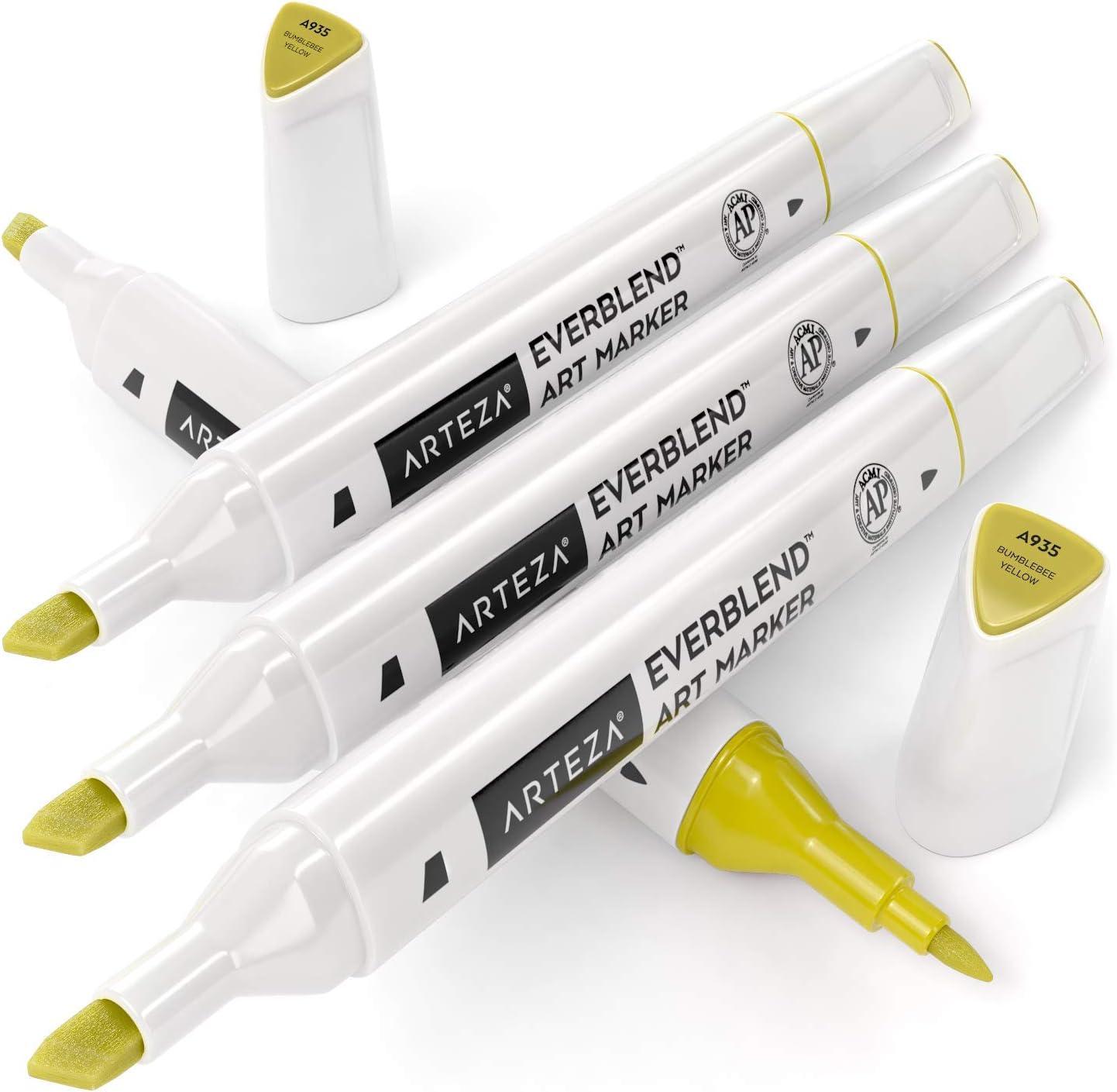 imageArteza EverBlend Art Markers Fluorescent Coral A302 Set of 4 Alcohol Based Sketch Markers with Dual Tips Fine and Broad Chisel for Painting Coloring Sketching and DrawingBumblebee Yellow A935 Set of 4