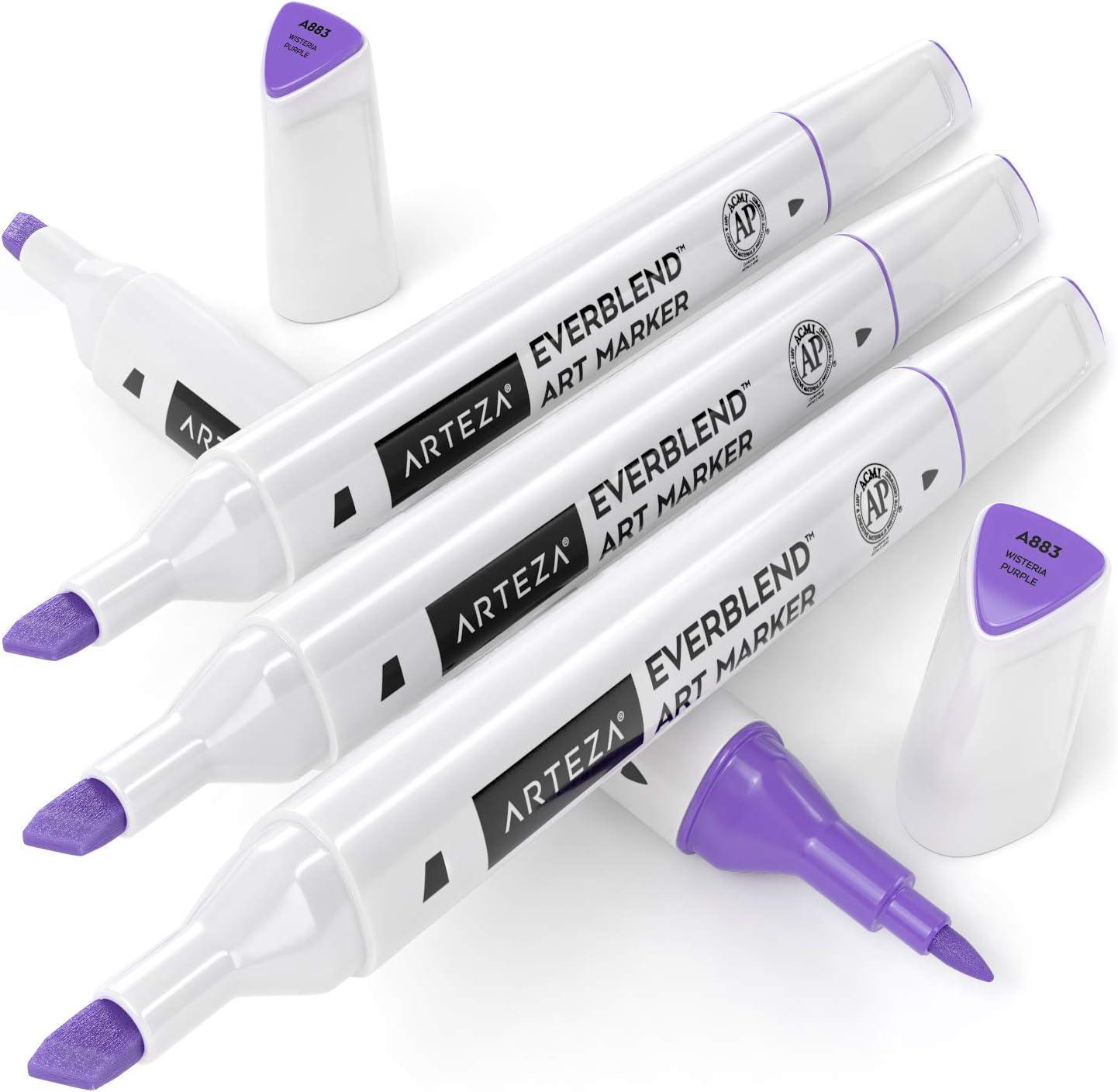imageArteza EverBlend Art Markers Fluorescent Coral A302 Set of 4 Alcohol Based Sketch Markers with Dual Tips Fine and Broad Chisel for Painting Coloring Sketching and DrawingWisteria Purple A883 Set of 4