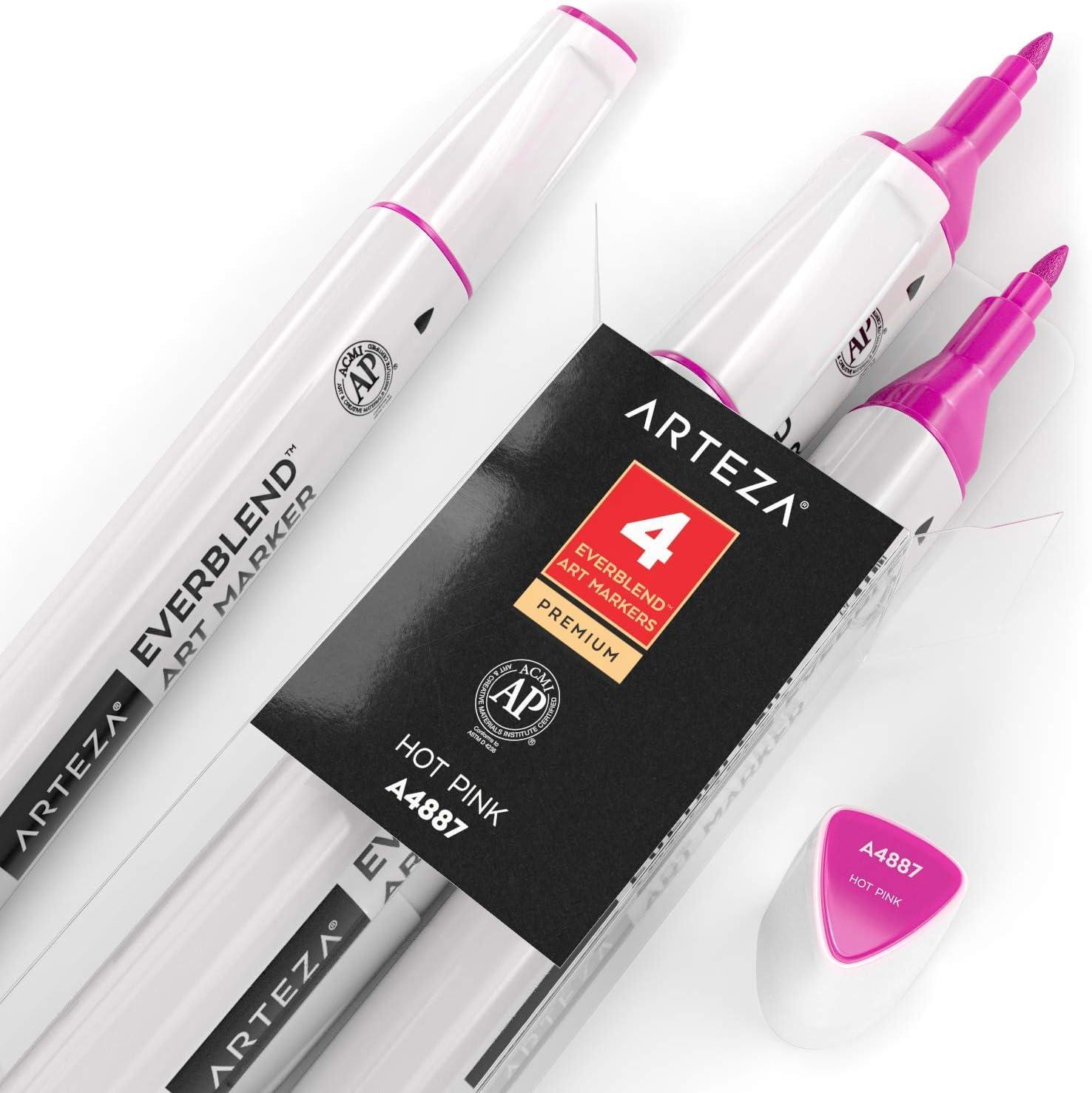 imageArteza EverBlend Art Markers Fluorescent Coral A302 Set of 4 Alcohol Based Sketch Markers with Dual Tips Fine and Broad Chisel for Painting Coloring Sketching and DrawingHot Pink A4887 Set of 4