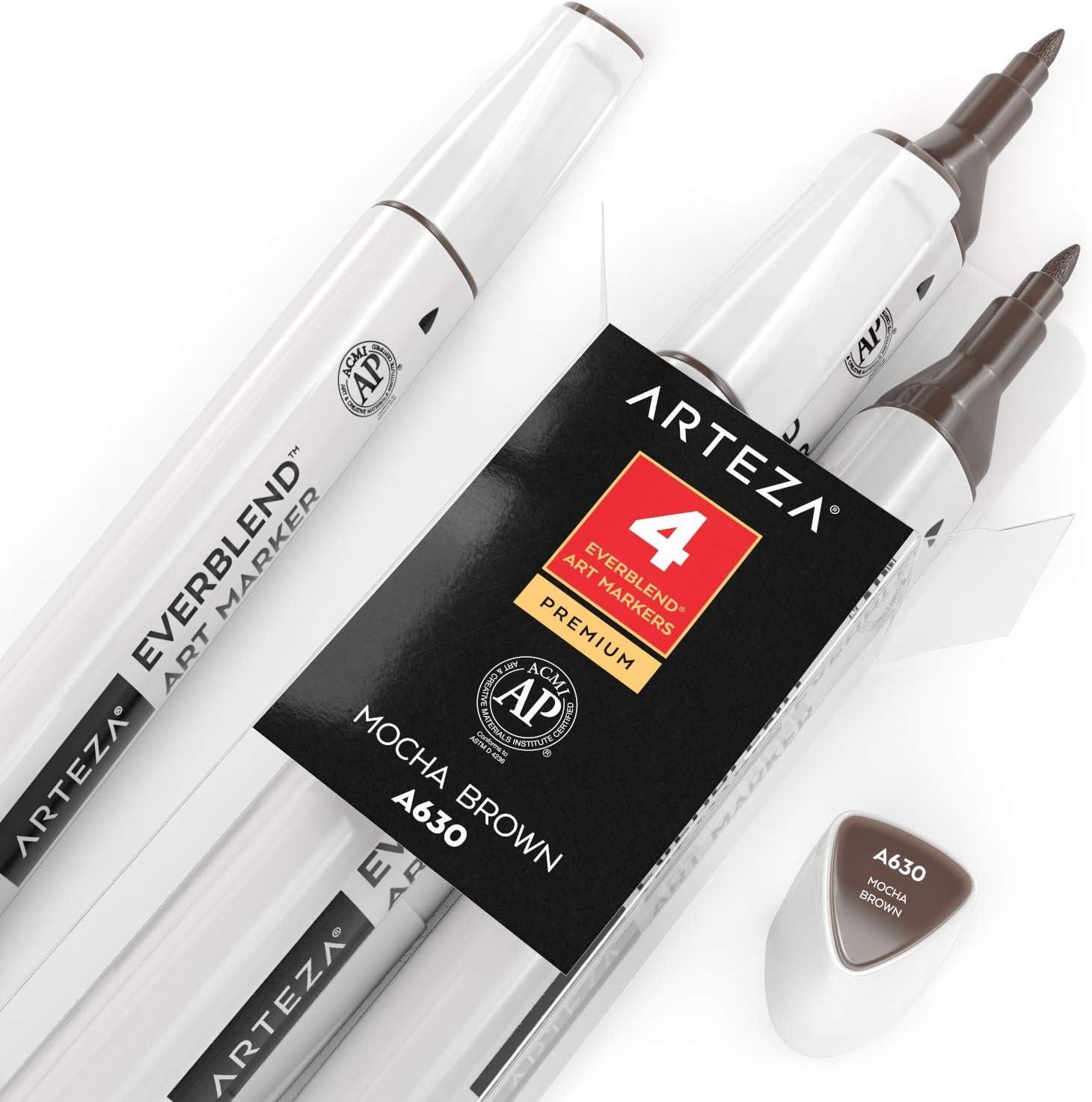 imageArteza EverBlend Art Markers Fluorescent Coral A302 Set of 4 Alcohol Based Sketch Markers with Dual Tips Fine and Broad Chisel for Painting Coloring Sketching and DrawingMocha Brown A630