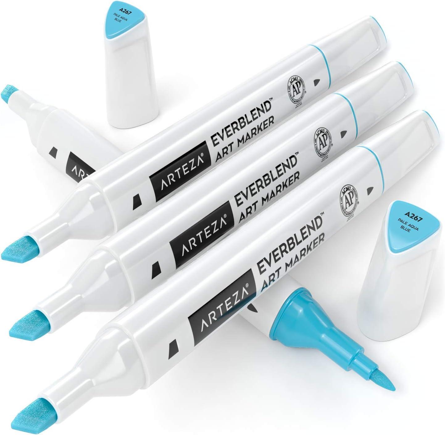 imageArteza EverBlend Art Markers Fluorescent Coral A302 Set of 4 Alcohol Based Sketch Markers with Dual Tips Fine and Broad Chisel for Painting Coloring Sketching and DrawingPale Aqua Blue A267 Set of 4