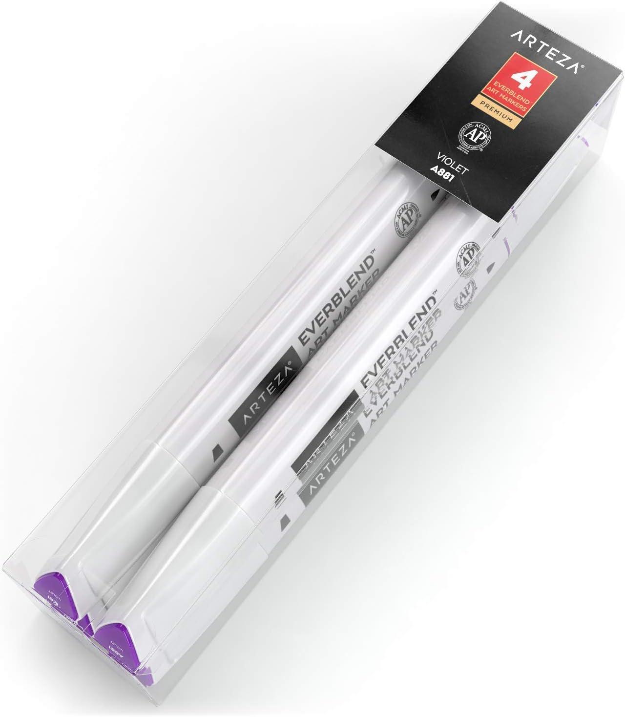 imageArteza EverBlend Art Markers Fluorescent Coral A302 Set of 4 Alcohol Based Sketch Markers with Dual Tips Fine and Broad Chisel for Painting Coloring Sketching and DrawingViolet A881 Set of 4