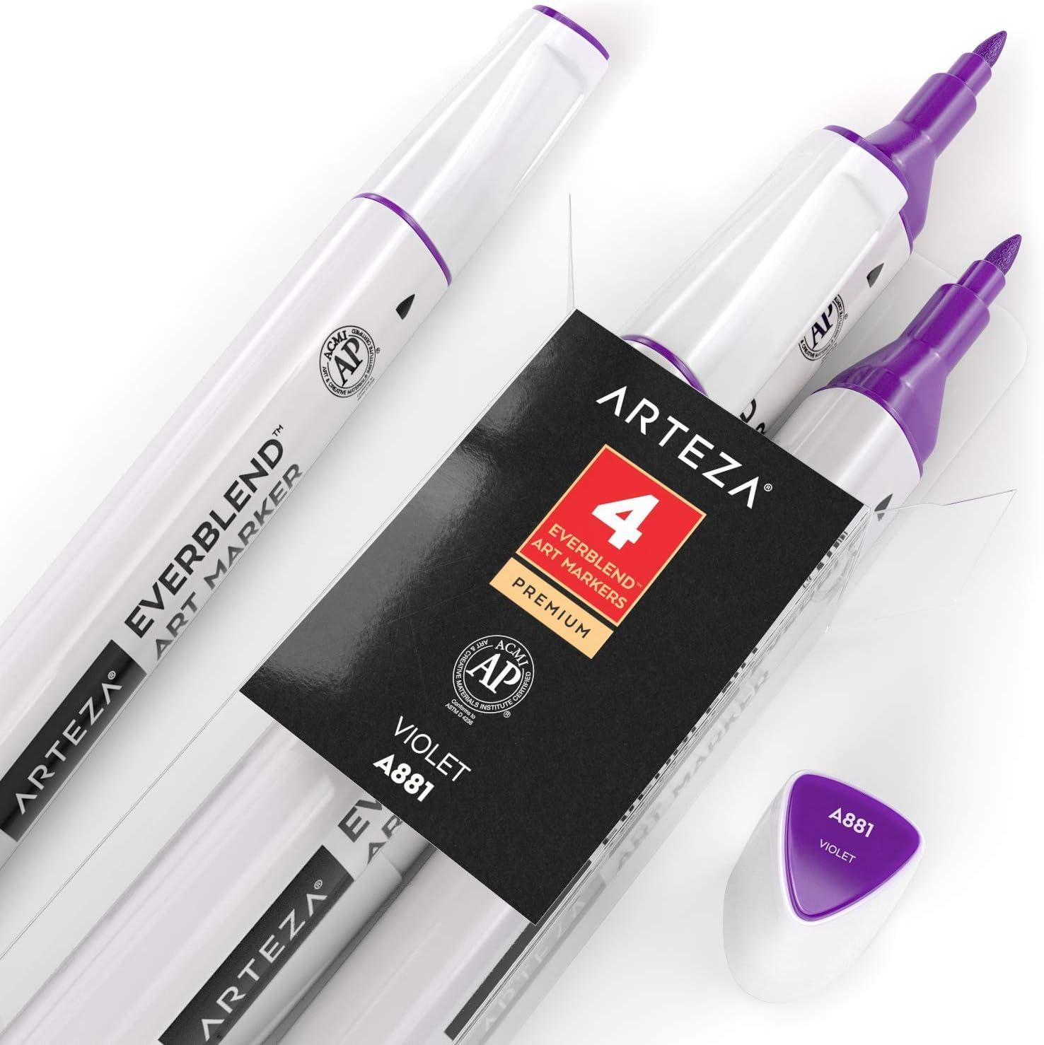 imageArteza EverBlend Art Markers Fluorescent Coral A302 Set of 4 Alcohol Based Sketch Markers with Dual Tips Fine and Broad Chisel for Painting Coloring Sketching and DrawingViolet A881 Set of 4