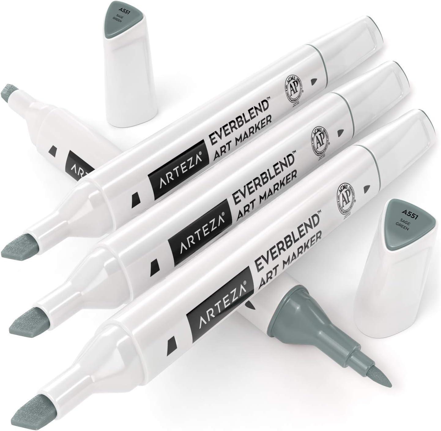 imageArteza EverBlend Art Markers Fluorescent Coral A302 Set of 4 Alcohol Based Sketch Markers with Dual Tips Fine and Broad Chisel for Painting Coloring Sketching and DrawingSage Green A551 Set of 4