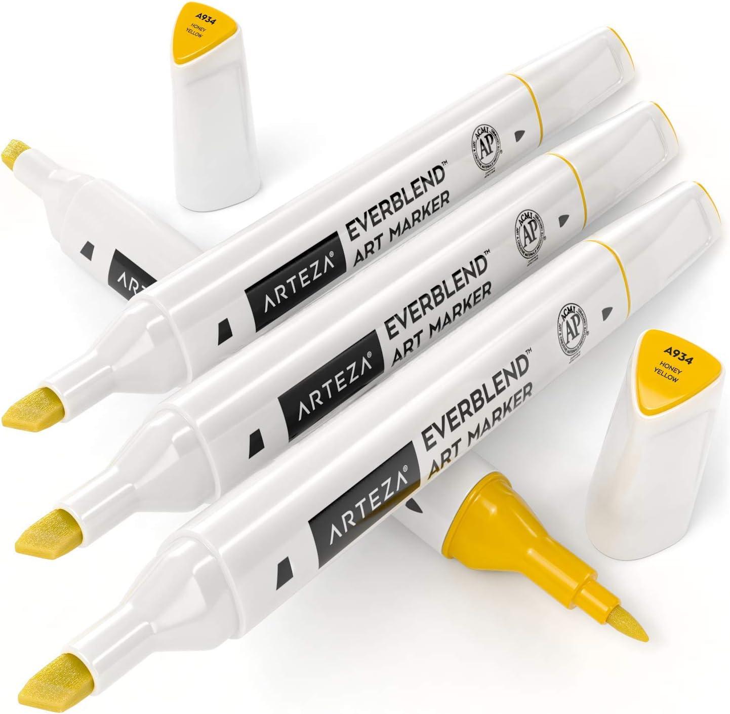 imageArteza EverBlend Art Markers Fluorescent Coral A302 Set of 4 Alcohol Based Sketch Markers with Dual Tips Fine and Broad Chisel for Painting Coloring Sketching and DrawingHoney Yellow A934 Set of 4