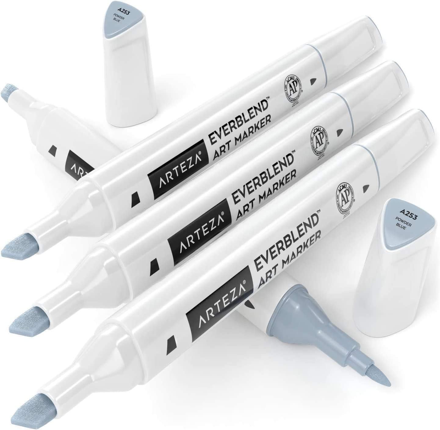 imageArteza EverBlend Art Markers Fluorescent Coral A302 Set of 4 Alcohol Based Sketch Markers with Dual Tips Fine and Broad Chisel for Painting Coloring Sketching and DrawingPowder Blue A253 Set of 4